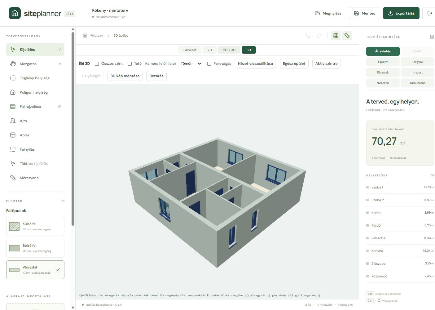 A Kökény mintaterv élő 3D nézete a SitePlannerben